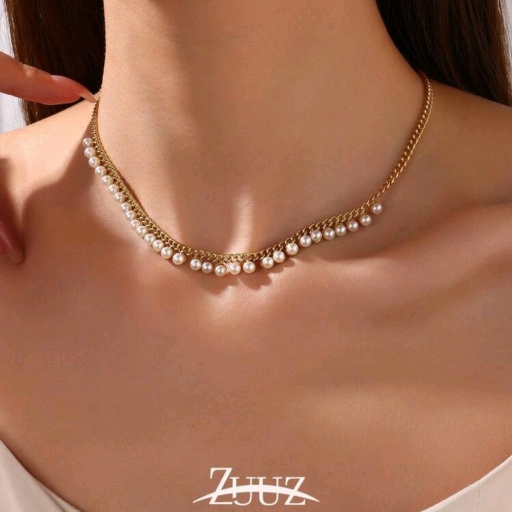 bewGold faux Pearl Chain Necklace – Stainless Steel, 40+5cm